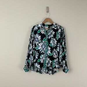 Free People Good Vibrations Floral Button Down Blouse Black Combo Size XS